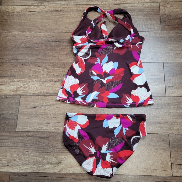Athleta Plunge Tankini Hero Bloom Decadent Chocolate full bottom swimwear small - Picture 3 of 16
